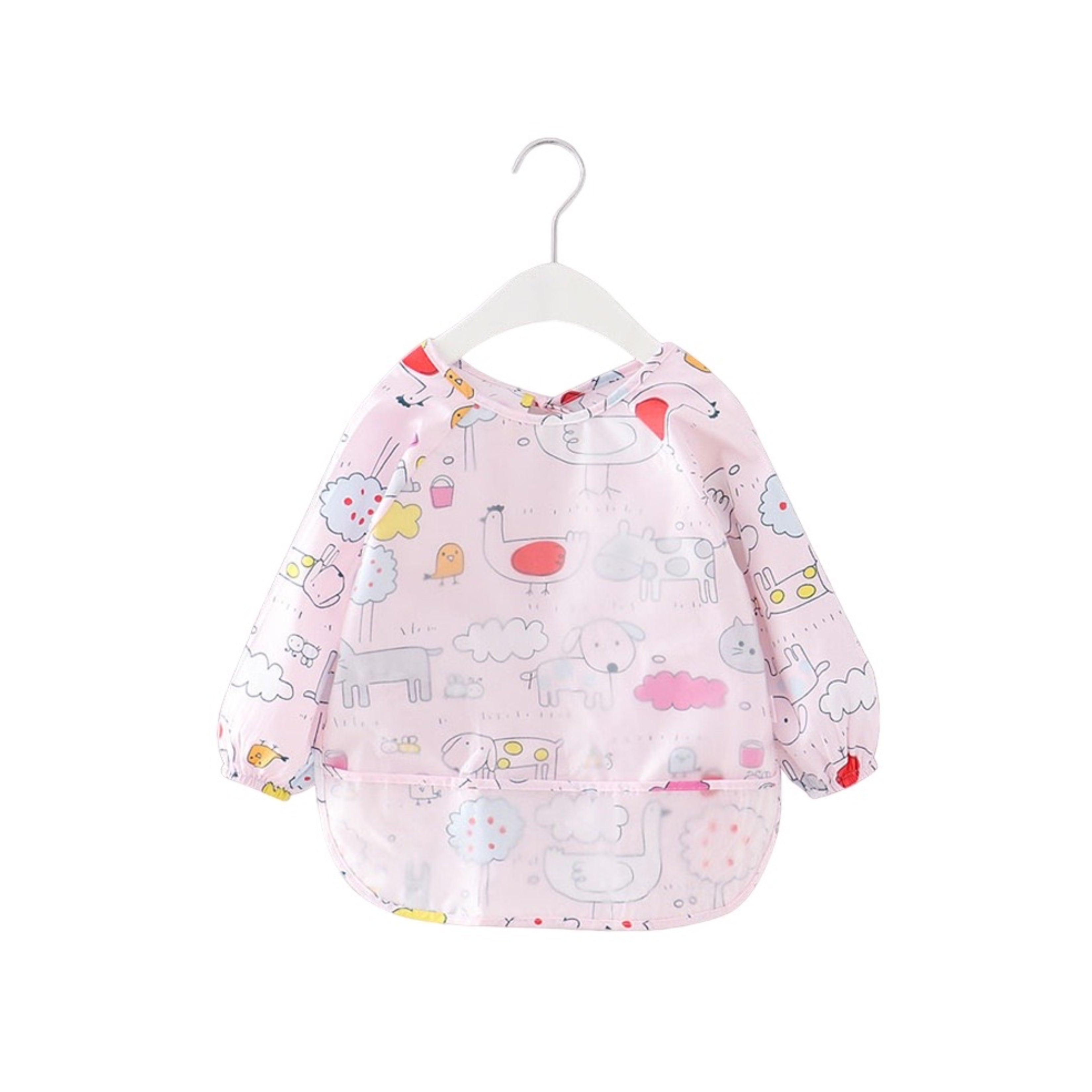 Baby Long Sleeve Apron Smock Bib in Pink Farmyard