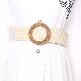 Beige Wide Striped Straw Round Buckle Belt