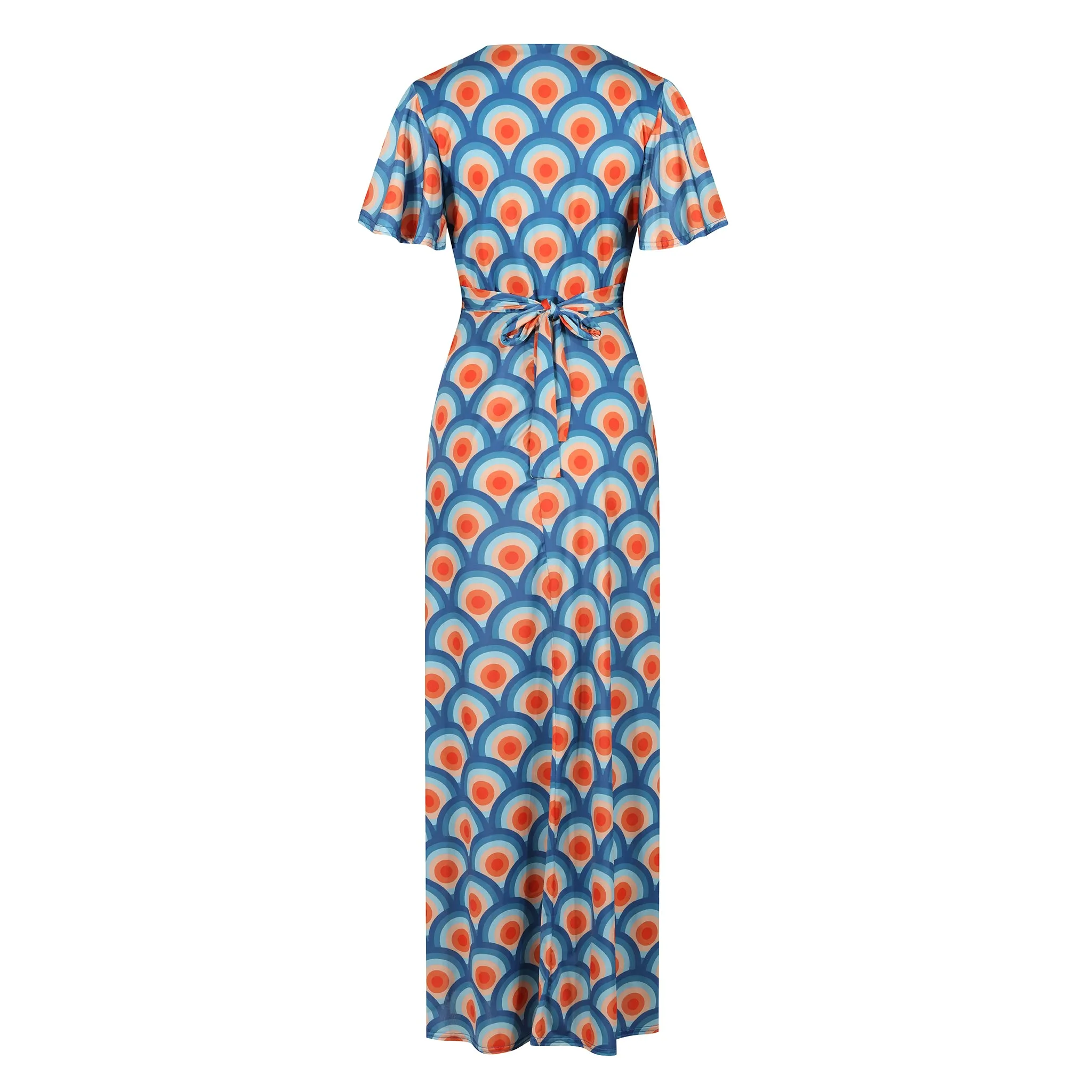 Blue Multi Geometric Print Waterfall Sleeve Wrapover Maxi Dress