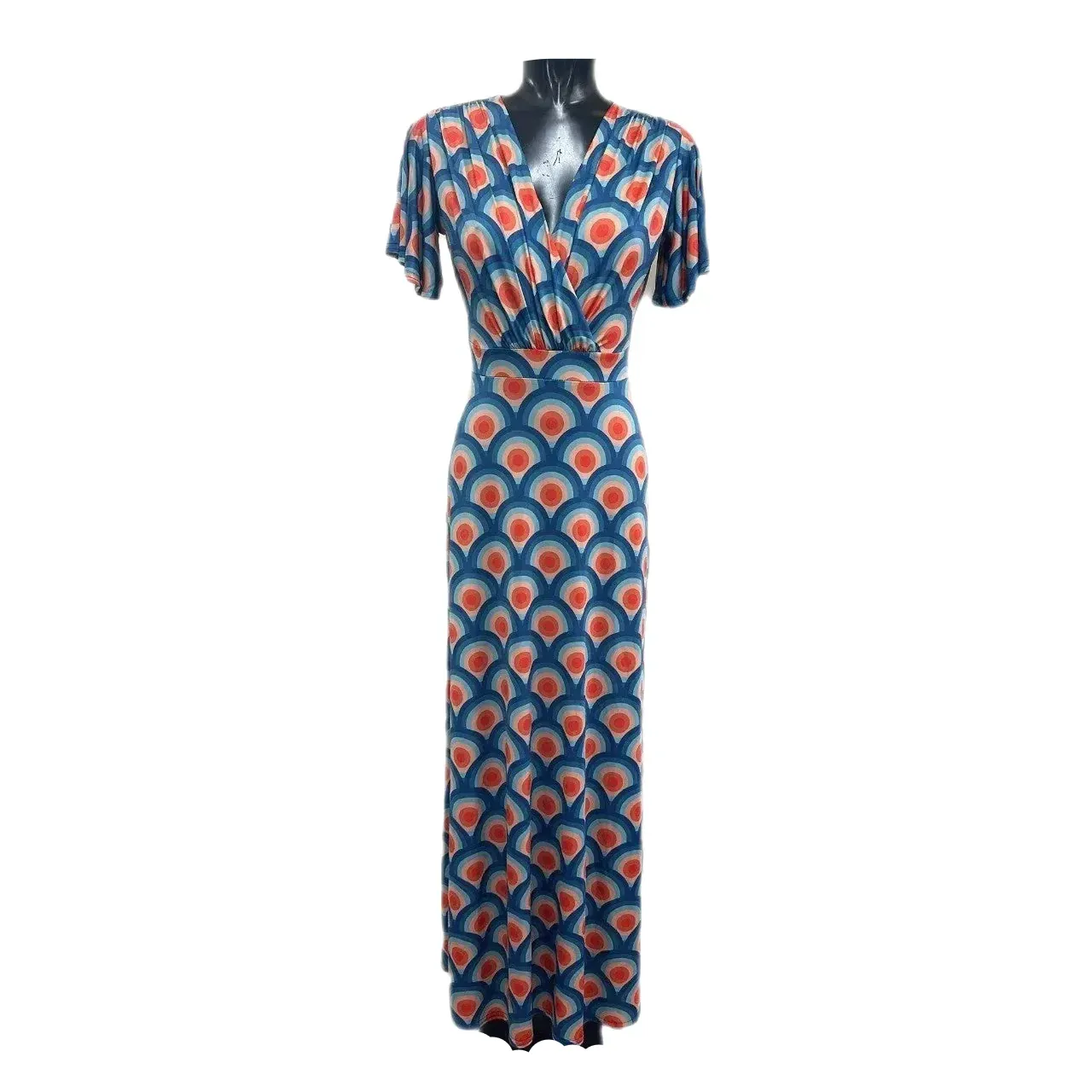 Blue Multi Geometric Print Waterfall Sleeve Wrapover Maxi Dress