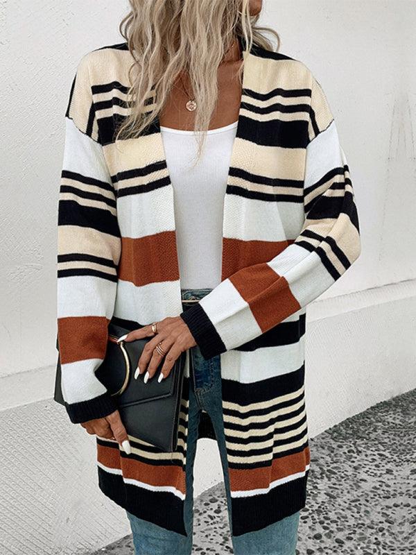 Color Block Long Ladies Cardigan Sweater