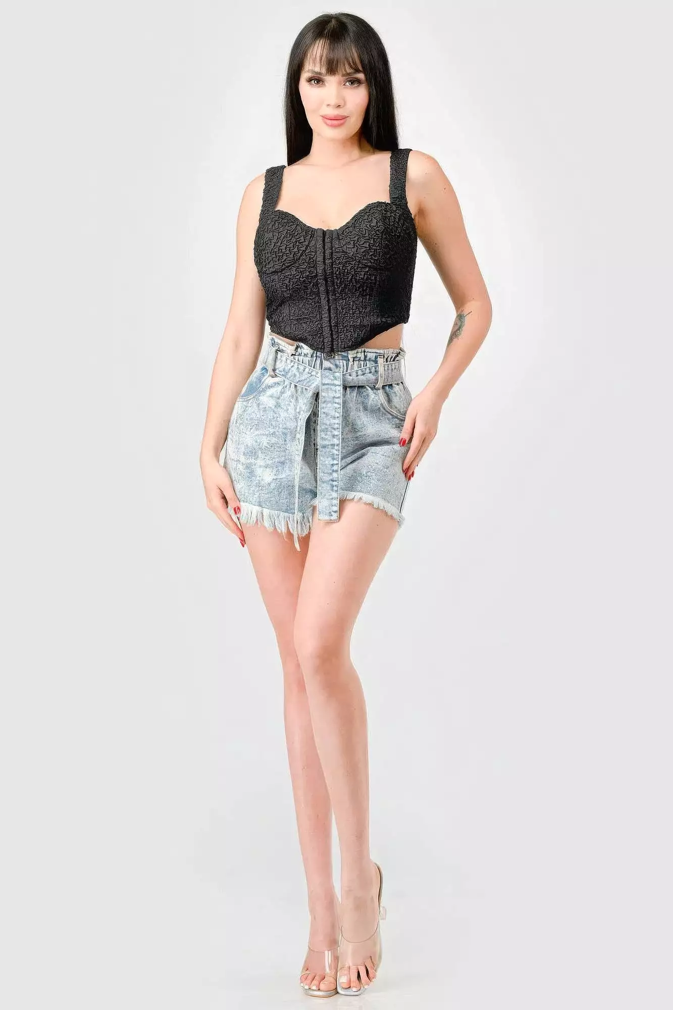 Crinkle Stretch Knit Sweetheart Hooked Bustier Cropped Top