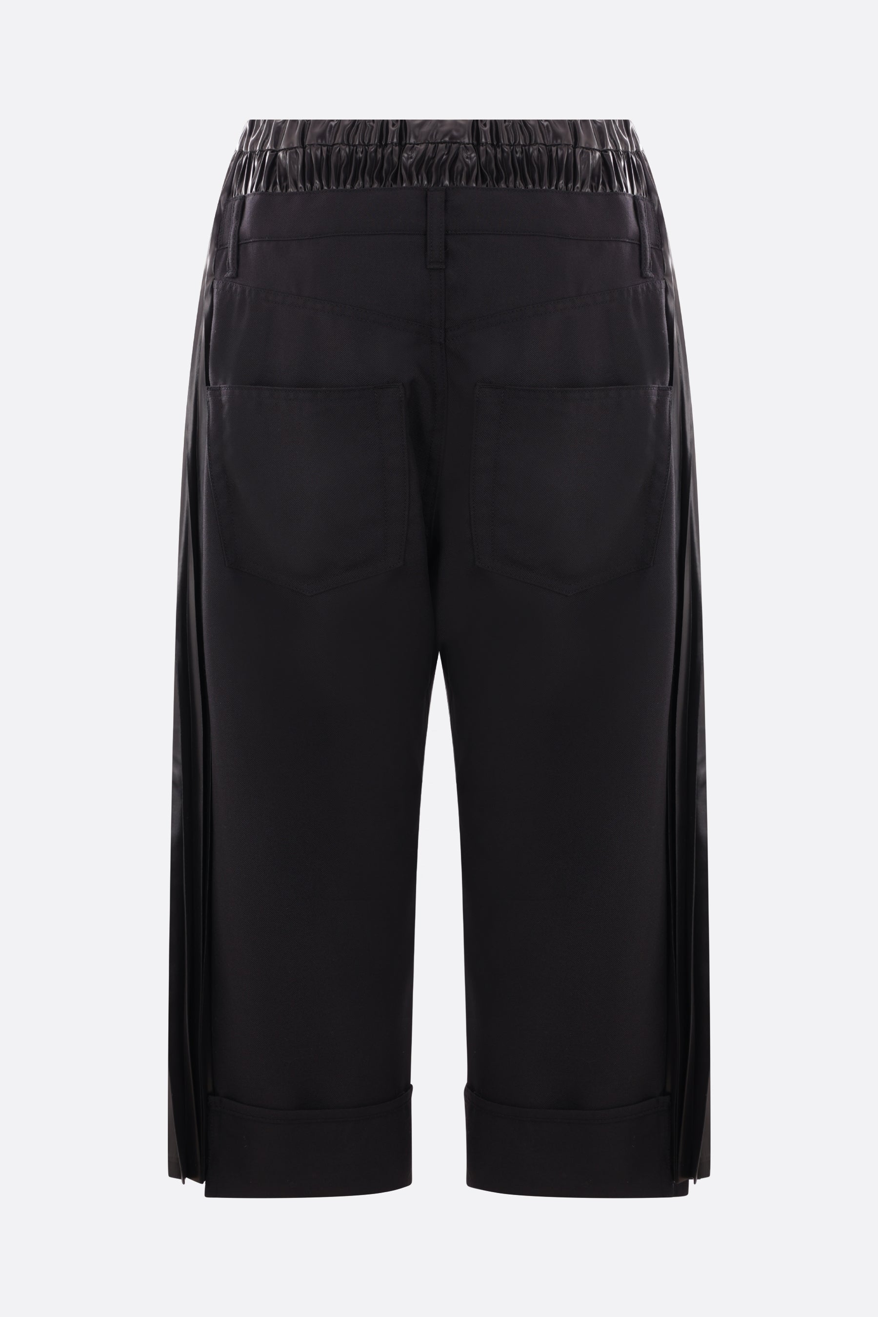 cropped pants in twill and shiny pleated nylon