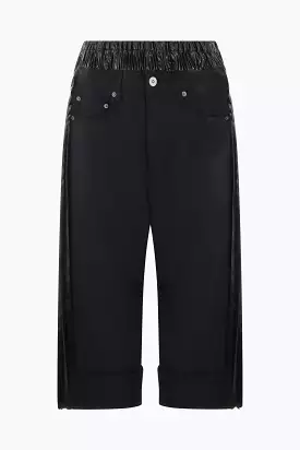 cropped pants in twill and shiny pleated nylon