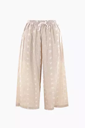 floral embroidered linen and cotton cropped pants