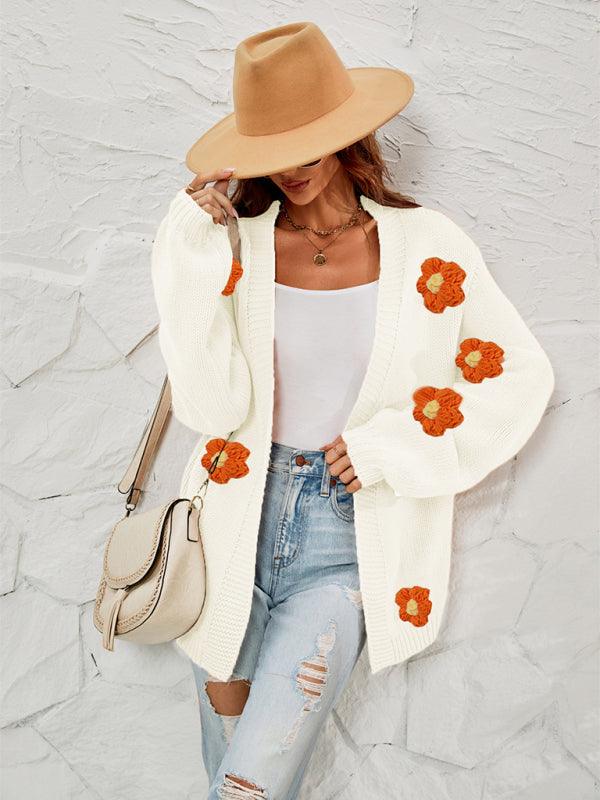 Floral Lantern Sleeves Cardigan Sweater