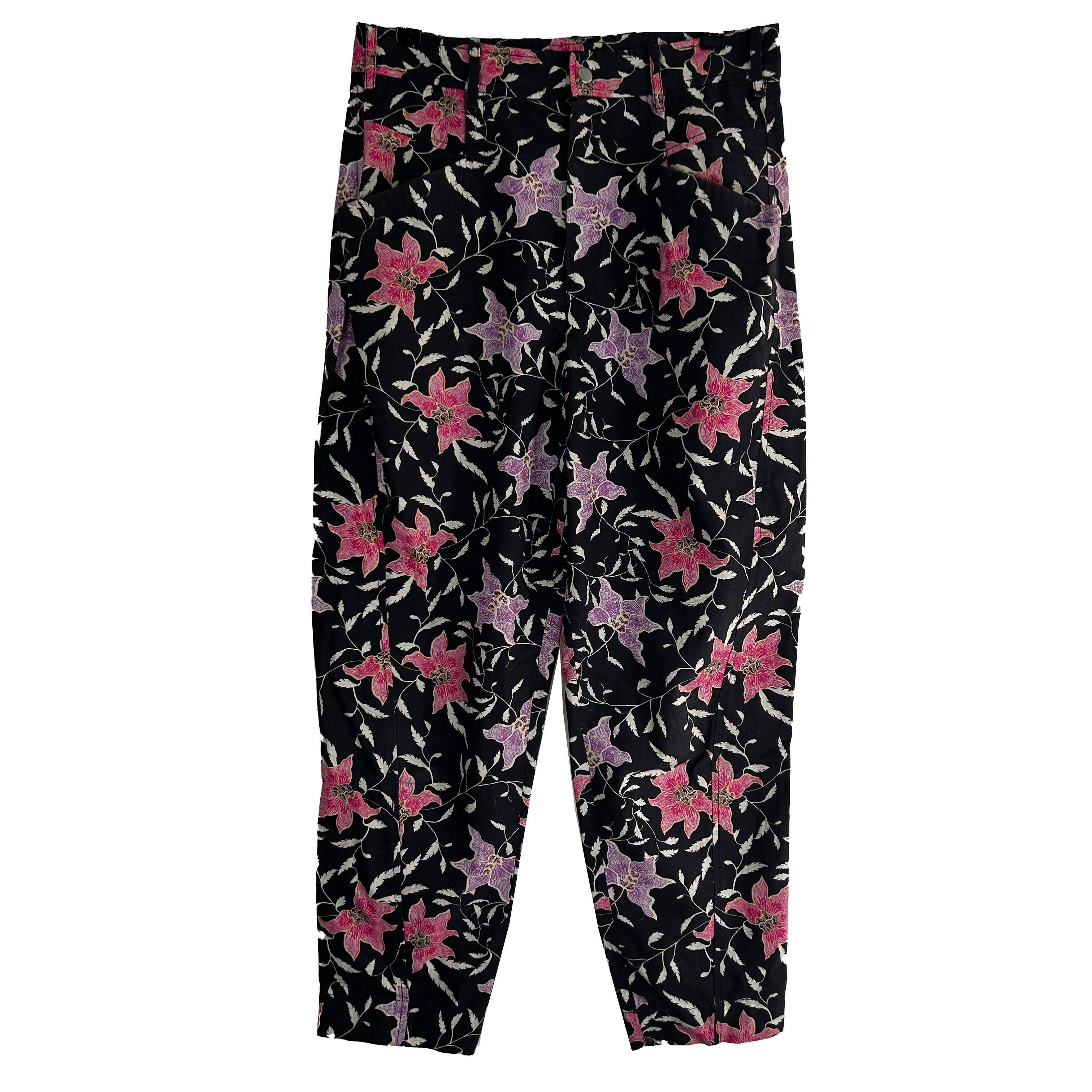 Isabel Marant Black & Pink Floral Cotton Crop Pants XS