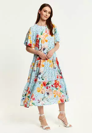 Liquorish Blue Floral Print Maxi Smock Dress