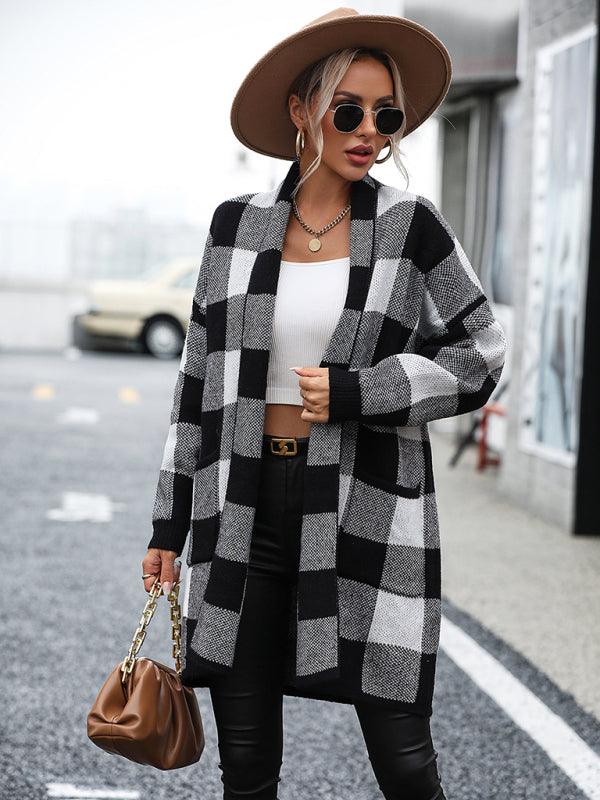 Loose Plaid Color Block Knit Cardigan Sweater