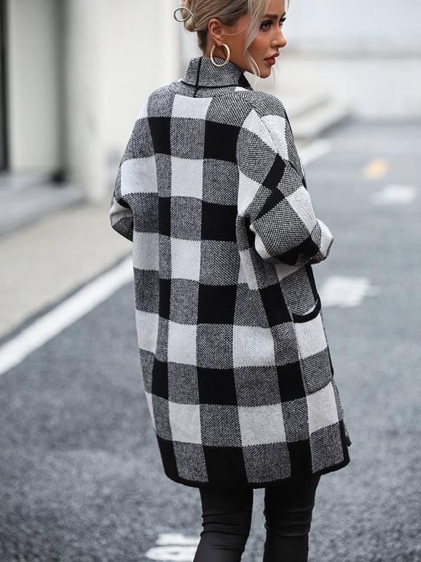 Loose Plaid Color Block Knit Cardigan Sweater