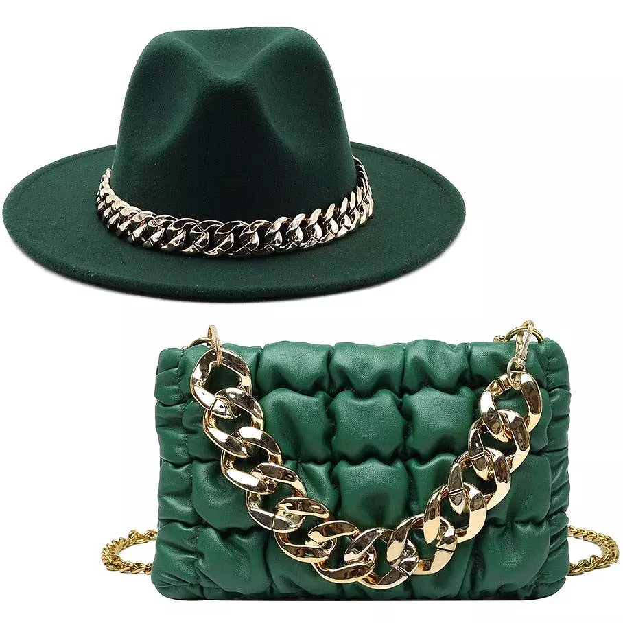 Luxury Fedora Hat And Oversized Chain Handbag