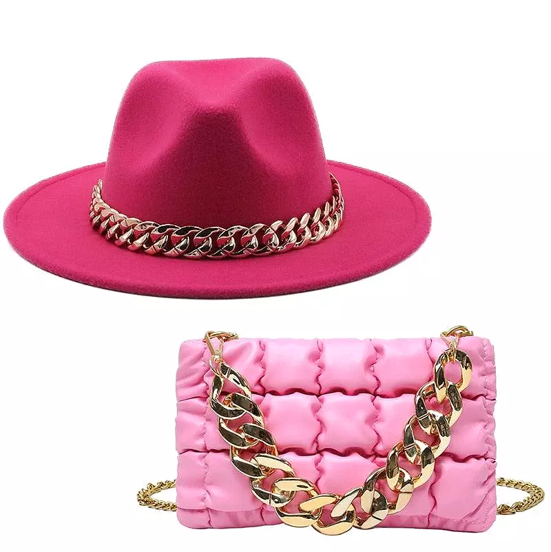 Luxury Fedora Hat And Oversized Chain Handbag