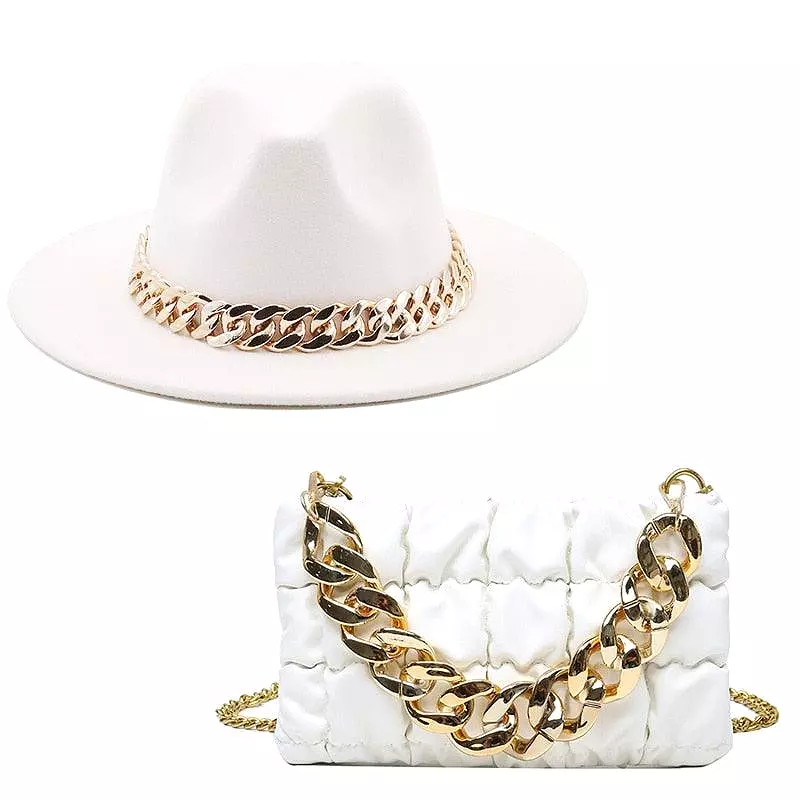 Luxury Fedora Hat And Oversized Chain Handbag