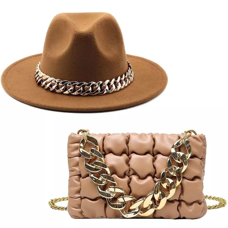 Luxury Fedora Hat And Oversized Chain Handbag