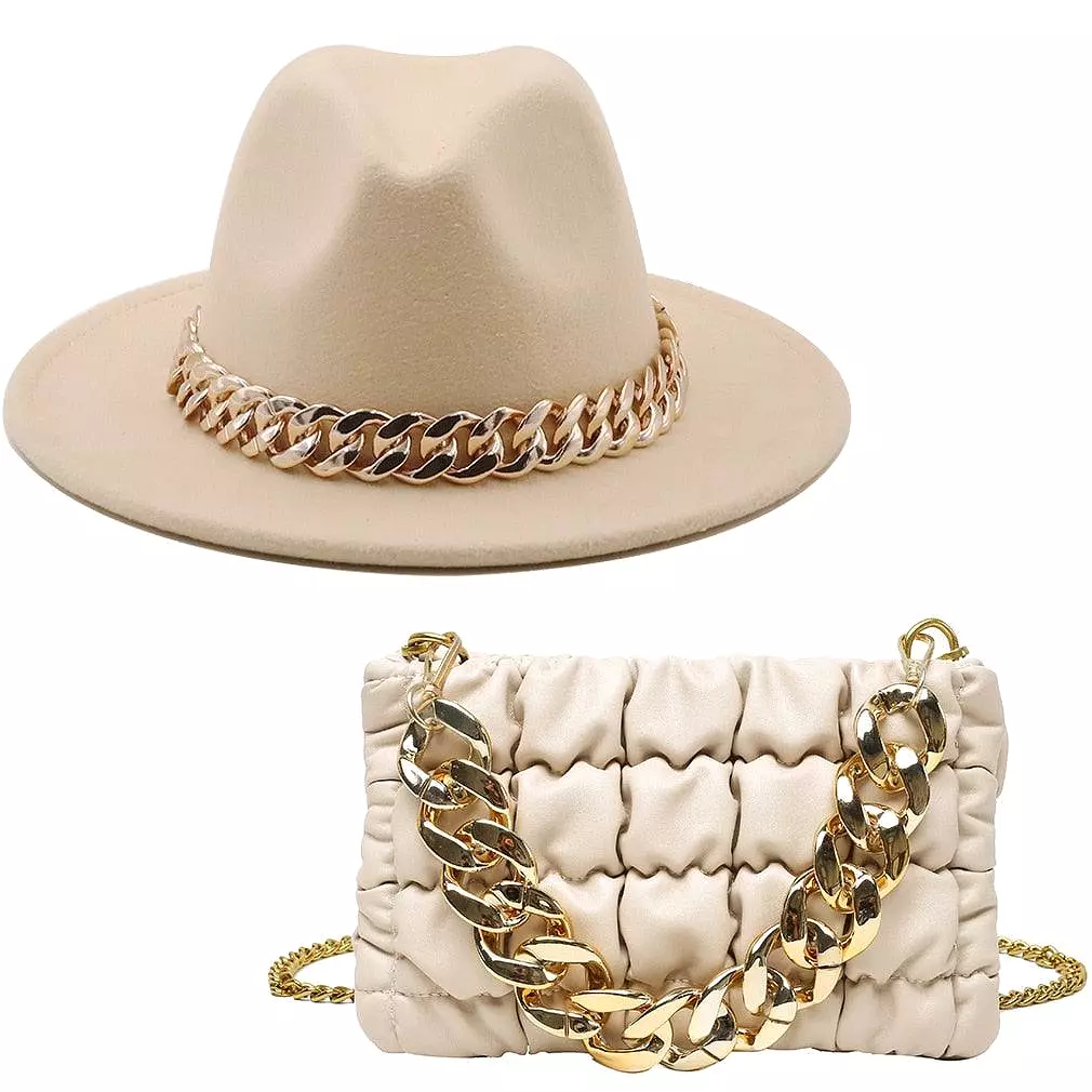 Luxury Fedora Hat And Oversized Chain Handbag