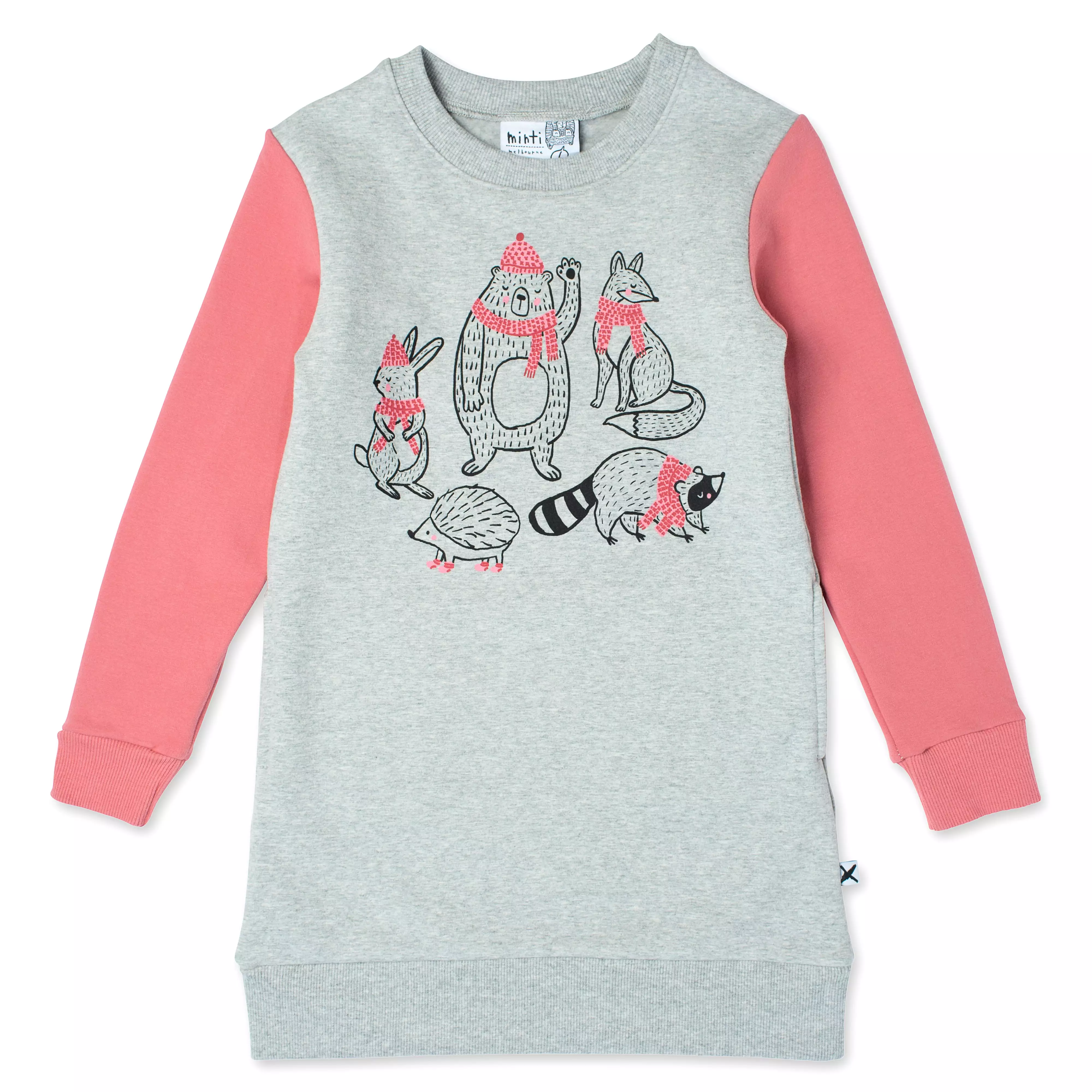 Minti Warm Forest Friends Furry Dress - Grey Marle/Rose