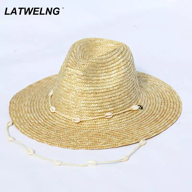 New Seashells Beaded Beach Hats With Chain For Women Fashion Straw Woven Fedora Sun Hats Summer Holidaty Panama Hat