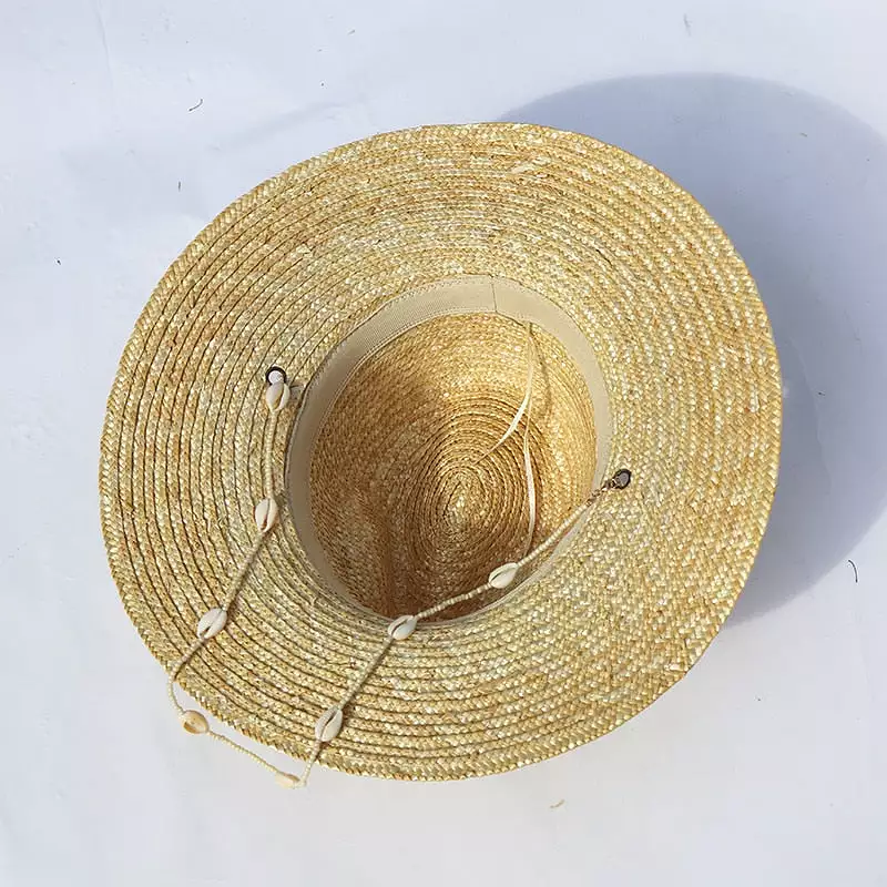 New Seashells Beaded Beach Hats With Chain For Women Fashion Straw Woven Fedora Sun Hats Summer Holidaty Panama Hat