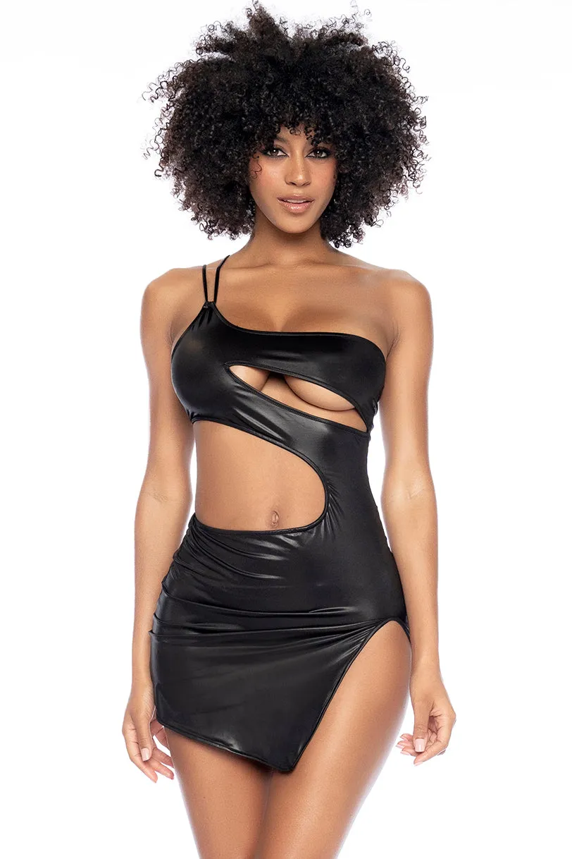 One Shoulder Clubbing Dress In Wet Look Fabric