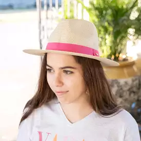 Panama Wide Brim Fedora - Natural/Hot Pink