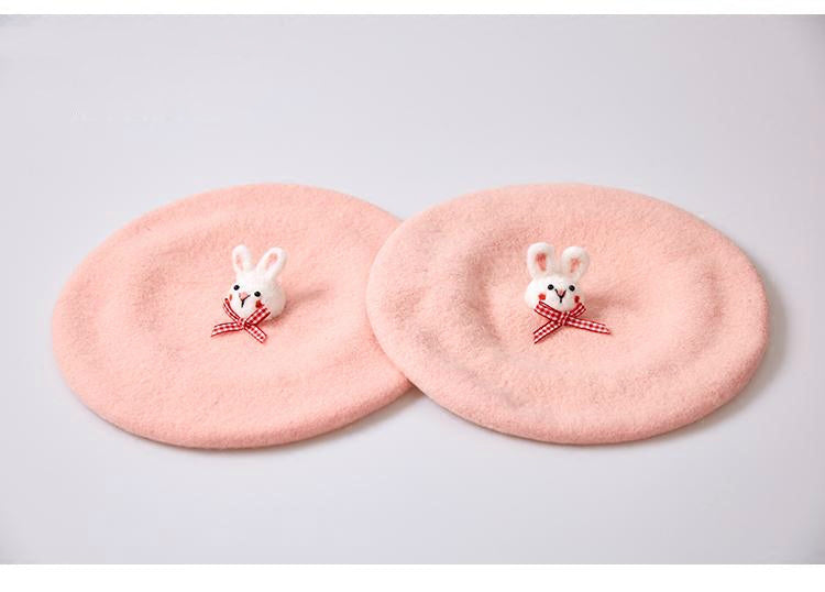 PINK CUTE BUNNY HANDMADE WOOL FELT BERET HAT BY51002