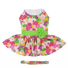 Pink Hawaiian Floral Dog Harness Dress with Leash