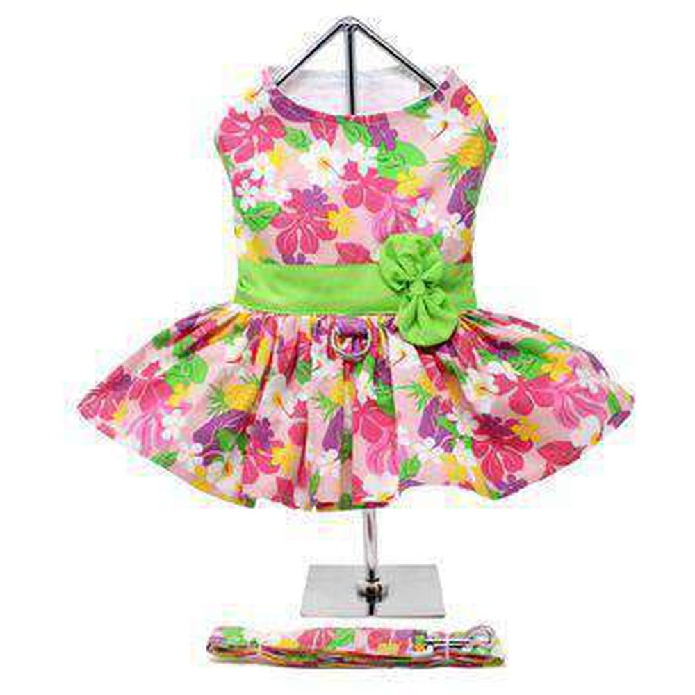 Pink Hawaiian Floral Dog Harness Dress with Leash