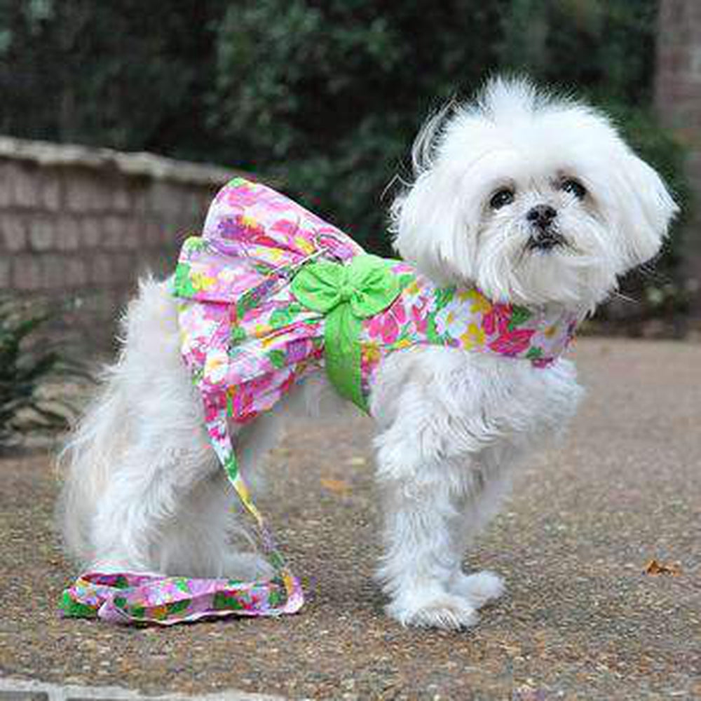 Pink Hawaiian Floral Dog Harness Dress with Leash