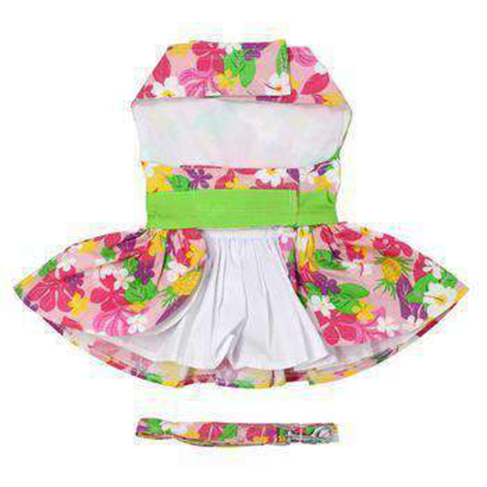 Pink Hawaiian Floral Dog Harness Dress with Leash