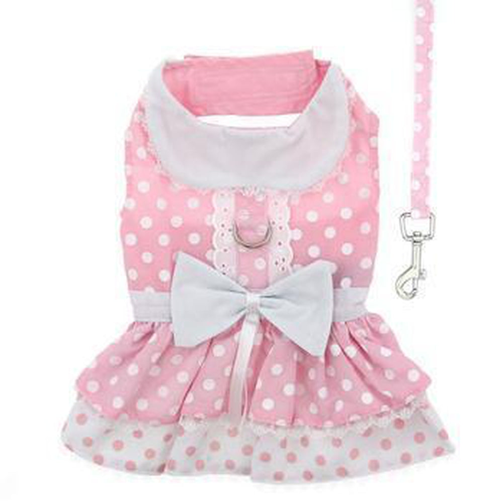 Pink Polka Dot and Lace Designer Dog Harness Dress