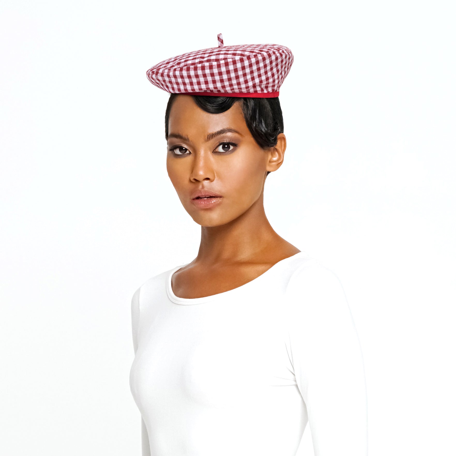 SIMONE Gingham Beret Hat, in Red