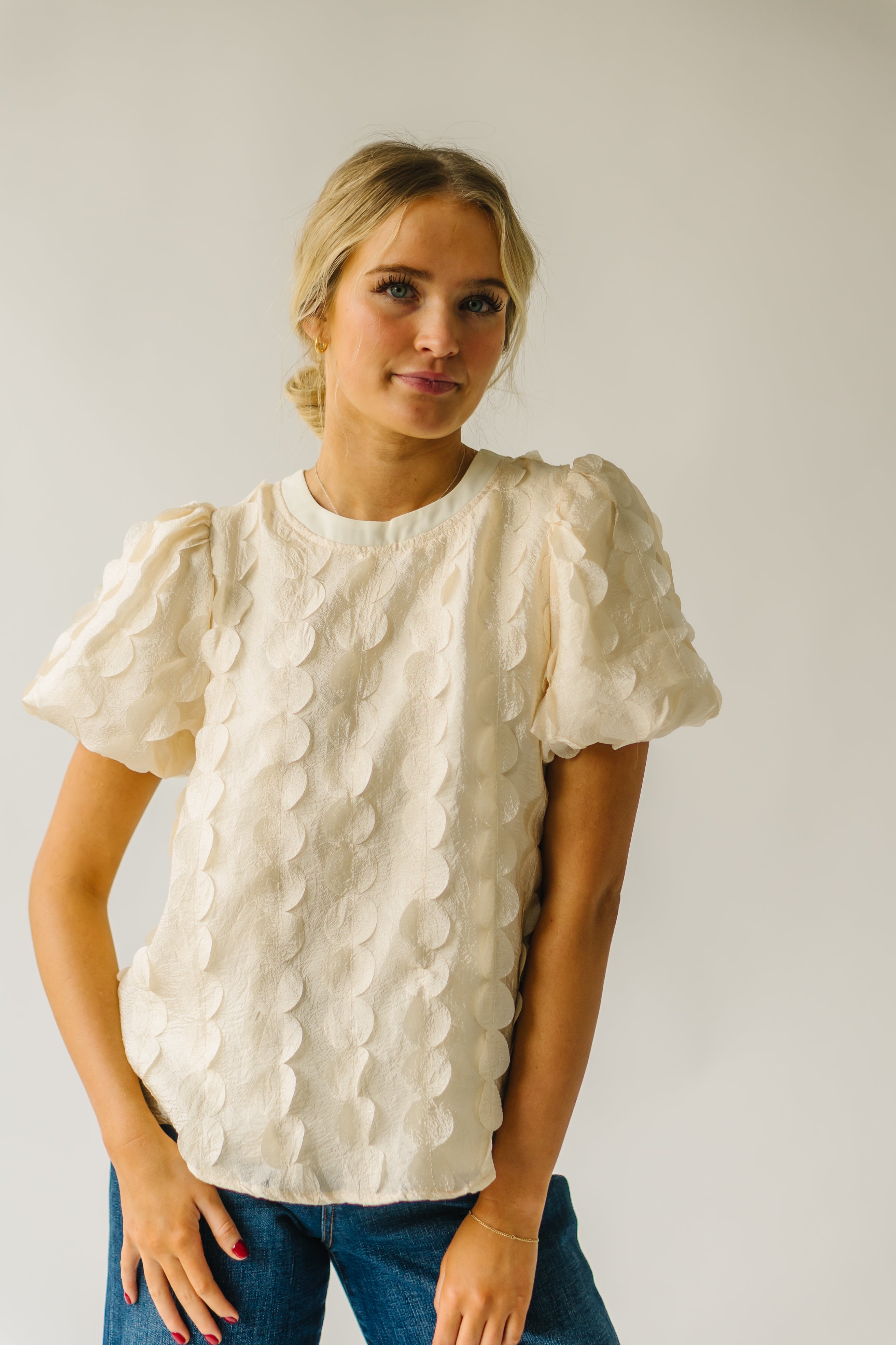 The Millington Polka Dot Textured Blouse in Cream