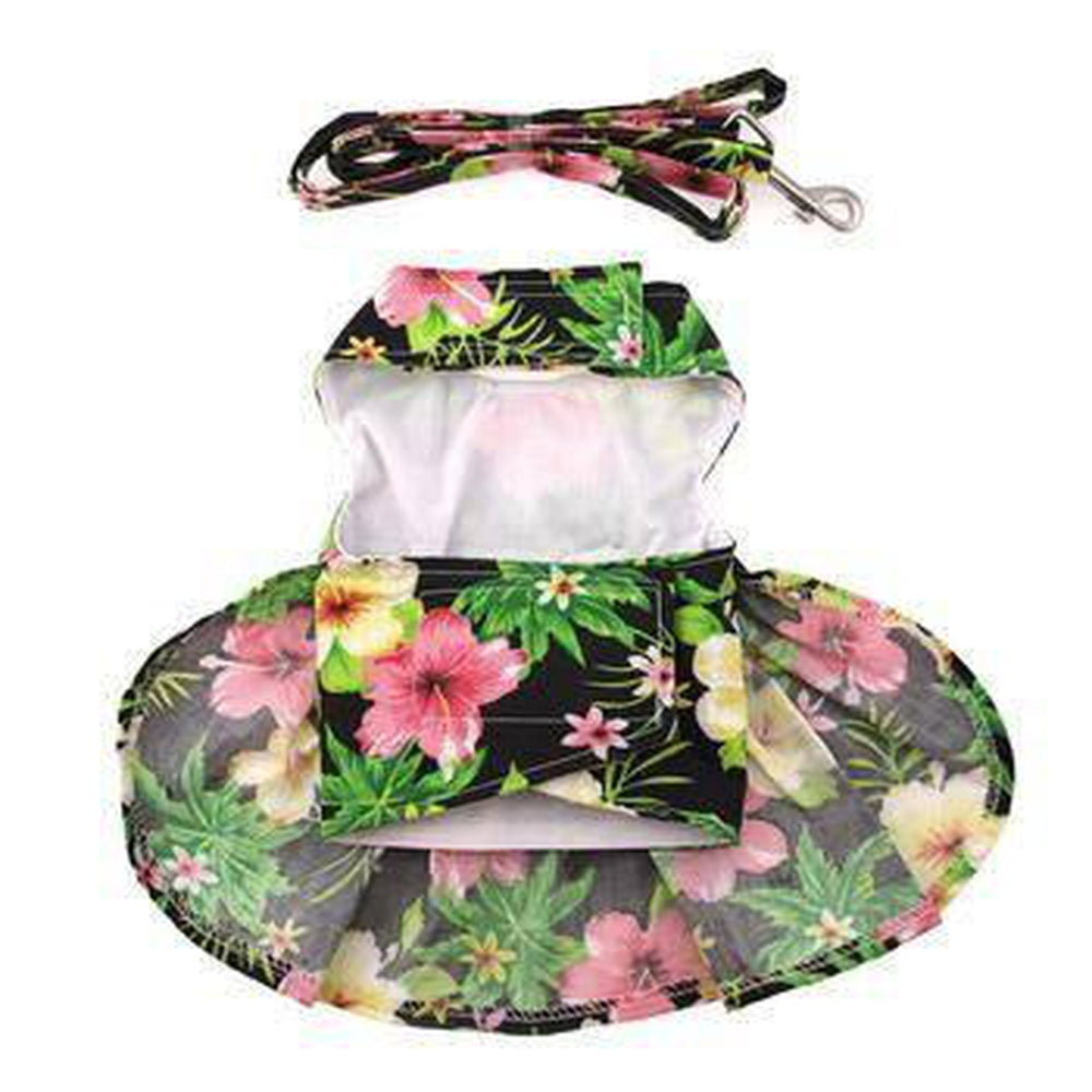 Twilight Black Hawaiian Hibiscus Dog Dress and Leash