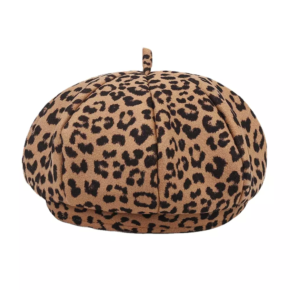 Women Woolen Warm Young All-match Leopard Pattern Painter Hat Newsboy Hat Octagonal Hat Beret Hat