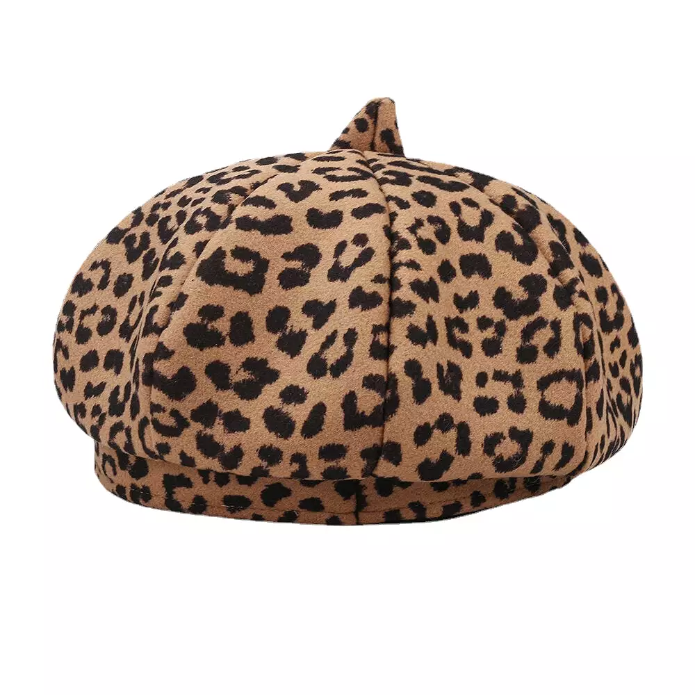 Women Woolen Warm Young All-match Leopard Pattern Painter Hat Newsboy Hat Octagonal Hat Beret Hat