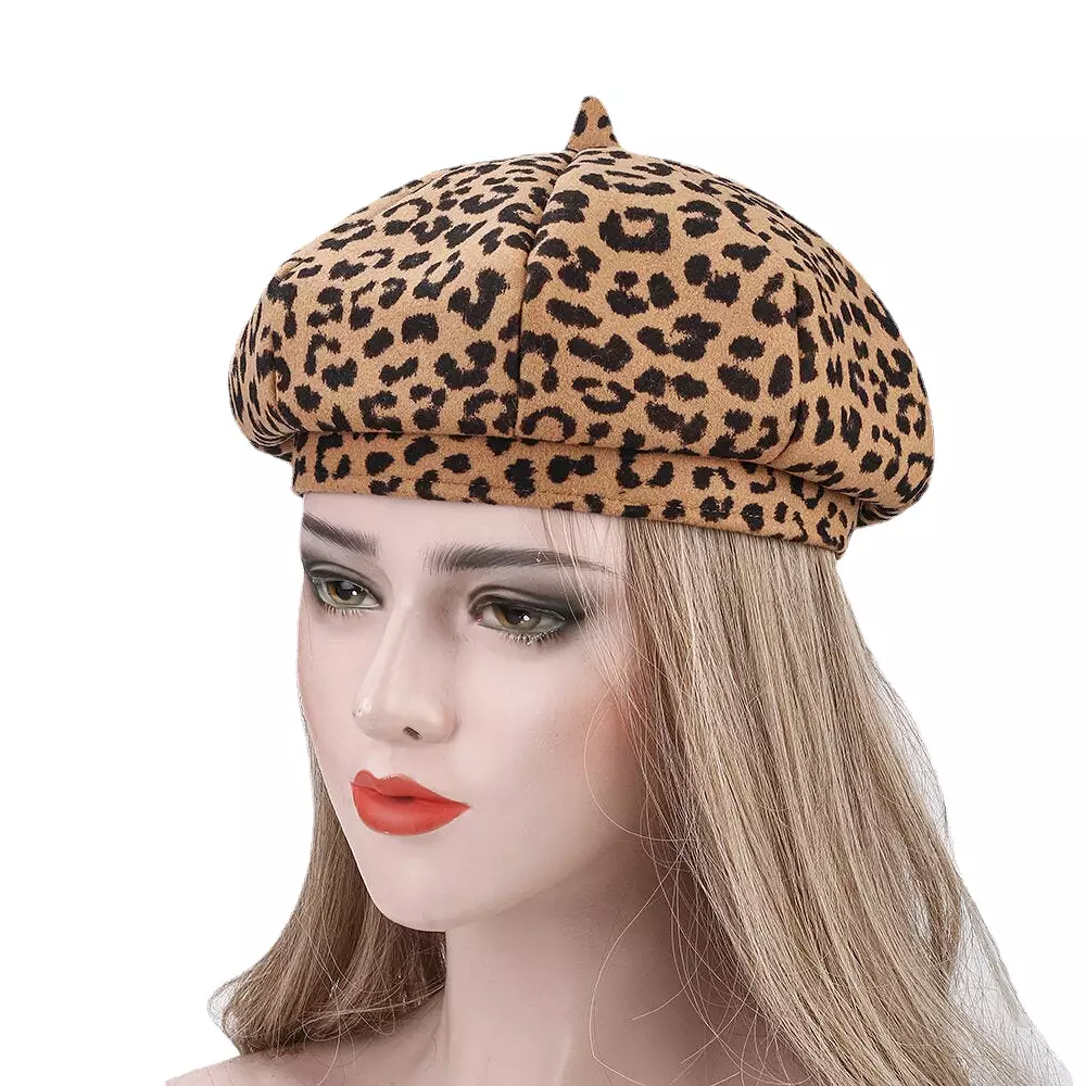 Women Woolen Warm Young All-match Leopard Pattern Painter Hat Newsboy Hat Octagonal Hat Beret Hat