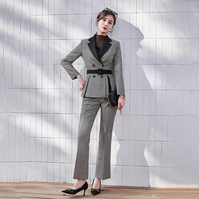 Women's Fashion Formal Plaid Slim Blazer and Flare Pants Two Piece Suits