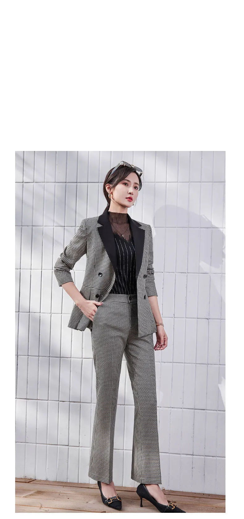 Women's Fashion Formal Plaid Slim Blazer and Flare Pants Two Piece Suits