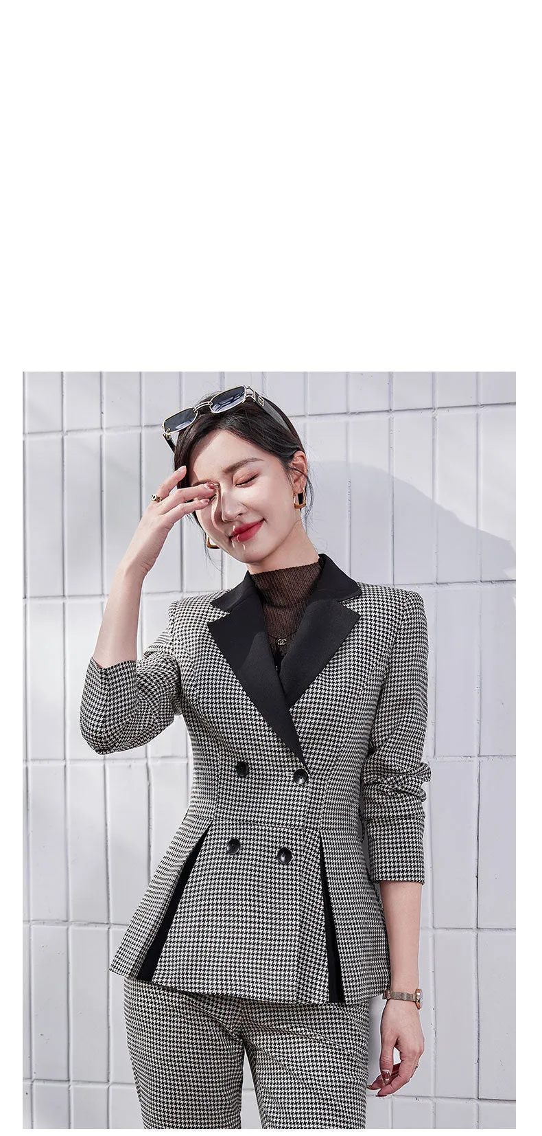 Women's Fashion Formal Plaid Slim Blazer and Flare Pants Two Piece Suits