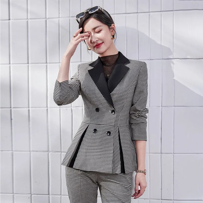 Women's Fashion Formal Plaid Slim Blazer and Flare Pants Two Piece Suits